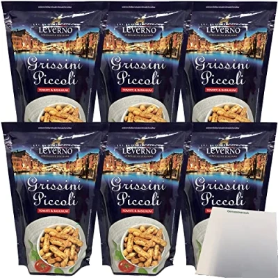 Abbildung von Leverno Grissini Piccoli Tomate &amp; Basilikum 6er Pack (6x100g Packung) + usy Block