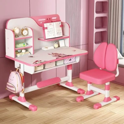 Abbildung von joukares Kinder Arbeitszimmer Schreibtisch und Stuhl Set, Ergonomisch Höhenverstellbar Schule Study Tisch Set mit Astronautenmuster, Buchständer Aufbewahrungsschublade Rosa