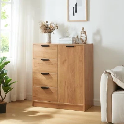 Abbildung von [en.casa] Kommode Varkaus mit 4 Schubladen und Einer Tür Schrank Schlafzimmer Aufbewahrungsschrank 90 x 80 40 cm Flur Schubladenschrank Eichenoptik