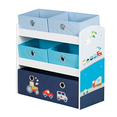 Abbildung von roba Spielzeugregal Rennfahrer Spielregal für Kinderzimmer mit 5 Boxen aus Stoff Auto Motiv in Blau Aufbewahrungsregal Jungen und Mädchen Holz weiß