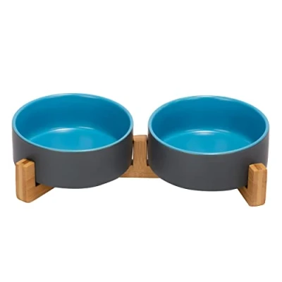 Abbildung von SPUNKYJUNKY Hundenapf Keramik Doppel Futternapf Katzennapf Wassernapf Fressnapf mit Bambus Ständer für Hund und Katzen (400ml, Blau Grau)