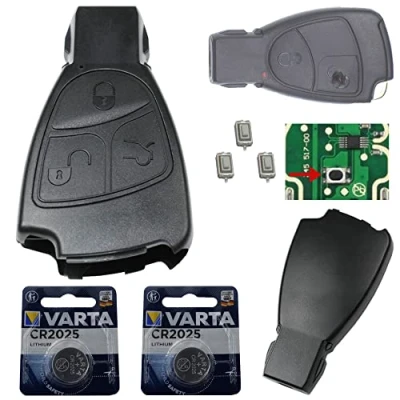 Abbildung von Auto Schlüssel Smartkey Funk Fernbedienung Sender Set 3 Tasten Gehäuse + 3X Mikro Taster 2X CR2025 Batterie kompatibel für Mercedes Benz