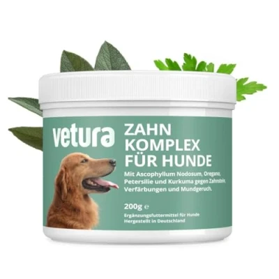 Abbildung von Vetura Zahn Komplex für Hunde Natürliche Zahnpflege Hund gegen Zahnstein &amp; Mundgeruch, 200g Pulver Hunde, effektive Zahnreinigung mit Ascophyllum Nodosum Made in Germany