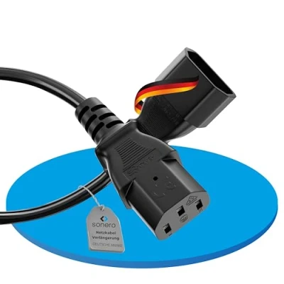 Abbildung von sonero Kaltgerätekabel Kaltgeräte Verlängerung 3 Polig, 1,0m, Stecker Netzstecker C14 auf Kaltgerätekupplung C13 Buchse, Verlängerungskabel Netzkabel für Monitor PC Drucker, Schwarz