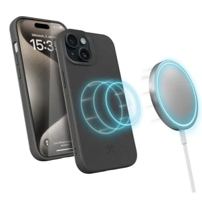 Abbildung von Woodcessories BioCase, Magnetische Handyhülle für iPhone 15 Plus kompatibel mit MagSafe, Hülle Magnet schwarz Nachhaltig aus Pflanzen