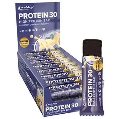 Abbildung von IronMaxx Protein 30 Eiweißriegel Blueberry 24 x 35g palmölfreier und glutenfreier Proteinriegel mit Vitaminen für zuckerreduzierte Low Carb Ernährung geeignet