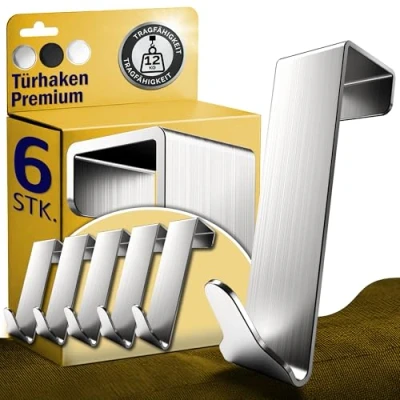 Abbildung von Menz Premium Türhaken zum Einhängen, 6er Set Einzeln verwendbare Kleiderhaken Tür aus Edelstahl, hochwertige Türgarderobe Robuste Haken Türhakenleiste mit hoher Tragkraft