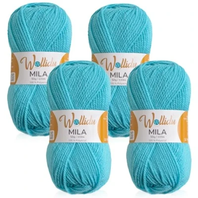 Abbildung von Wollidu Mila Garn zum Häkeln und Stricken 4 x 50g/133m Strickgarn 100% Polyacryl Häkelgarn Türkis