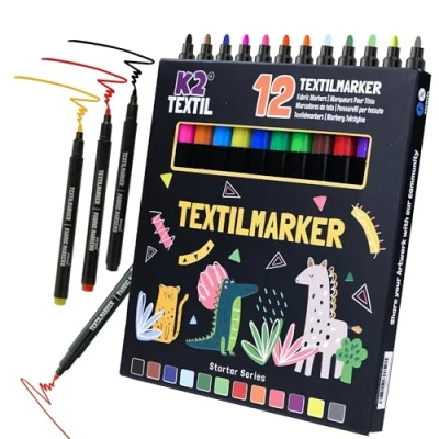 Abbildung von K2 TEXTIL 12 Textilstifte Waschmaschinenfest, Textilmarker zum Bemalen, Textilfarben Für Textilien &amp; Schuhe, Stoffmarker Kinder Geeignet (12)