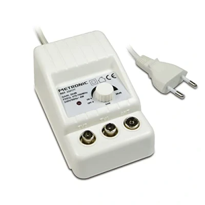 Abbildung von Metronic 332177, Indoor TV Antennenverstärker für DTT Kanäle, 4G/5G kompatibel, 26 dB, 2 Ausgänge mit 9,52 mm Buchse, weiß