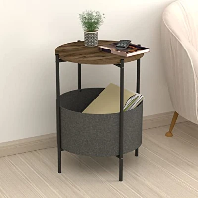 Abbildung von [en.casa] Beistelltisch Hofors Nachttisch Wohnzimmertisch mit Stauraum rund Korb Sofatisch Metallgestell Telefontisch Anthrazit Eiche Optik