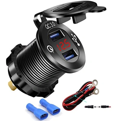 Abbildung von iMESTOU Aluminium Autoladegerät Quick Charge 3.0 Dual USB Telefon Ladegerät Steckdose Wasserdicht mit Voltmeter 10A Sicherung für 12V/24V Auto Boot Marine RV ATV UTV Automotives