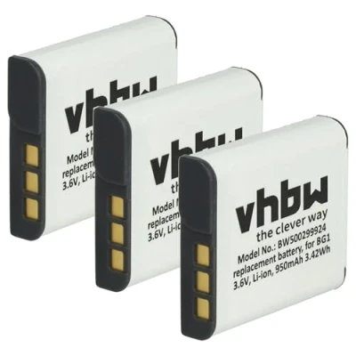 Abbildung von vhbw 3X Akku kompatibel mit Sony Cybershot DSC H50, H55, H70, H3, H7, H9, H20 Kamera (950 mAh, 3,6 V, Li Ion)