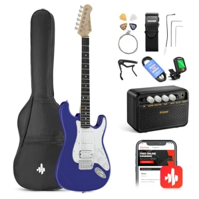 Abbildung von Donner E Gitarre Set Gitarren, S H Pickups, 39 Zoll Volle Größe mit Verstärker, Tasche, Capo, Gurt, Saiten, Tuner, Kabel und Plektren (DunkelBlau)