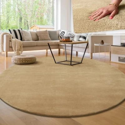 Abbildung von Paco Home Moderner Kuscheliger Wohnzimmer Teppich Kurzflor waschbar flauschig Weich Einfarbig Felloptik zeitlos stilvoll rutschfest pflegeleicht, Grösse:120 cm Rund, Farbe:Beige