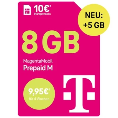Abbildung von Telekom MagentaMobil Prepaid M mit 8 GB Highspeed Volumen I Surfen 5G/ LTE Max &amp; Allnet Flat (Min, SMS) in alle dt. Netze Datenmitnahme Basic Roaming Hotspot 10 EUR Startguthaben