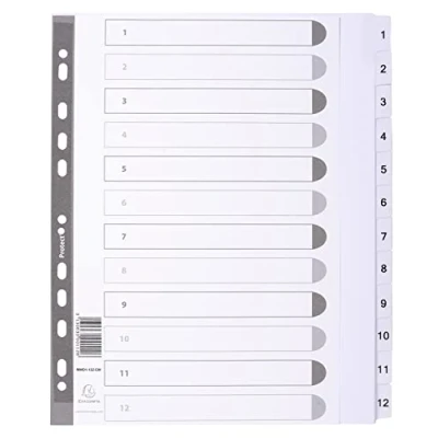 Abbildung von Exacompta Ref MWD1 12Z EW Mylar gedruckte Indizes für A4+ Dokumente, vorgestanzt, 160 g/m² weißer Karton mit verstärkten Kunststoff Tabs, FSC zertifiziert 12 teilige Trennblätter (112)