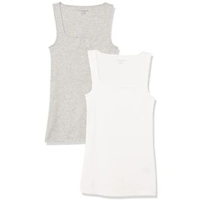 Abbildung von Amazon Essentials Damen Tanktop mit schmaler Passform und quadratischem Ausschnitt, 2er Pack, Weiß/Hellgrau Meliert, XXL