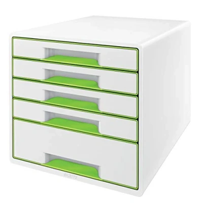 Abbildung von Leitz CUBE Schubladenbox mit 5 Schubladen, Weiß/Grün, A4, Inkl. transparentem Schubladeneinsatz, WOW, 52142054