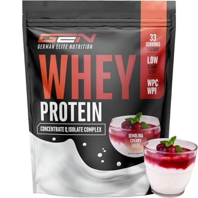Abbildung von Whey Protein Pulver 1000 g (Grießbrei Kirsch) mit Isolate Anteil Instant lösliches Eiweiss BCAA &amp; EAA German Elite Nutrition