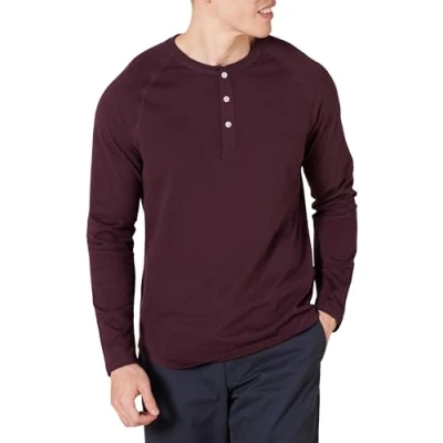 Abbildung von Amazon Essentials Herren Langärmeliges Henley Shirt, Schmale Passform, Burgunderrot, L