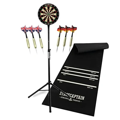 Abbildung von Stagecaptain Dartscheibe DBS 1715 BullsEye Pro Komplett Set, (Dartboard Mobil 20 tlg., inkl. Stativ, Dartmatte, 6 Dartpfeilen und 12 Flights), Steeldartscheibe aus Sisal mit dünnen Drähten