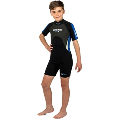 Abbildung von Cressi Unisex Kinder Med X Jr Wetsuit 2.5mm Shorty Neoprenanzug Ideal zum Schnorcheln und Tauchen in gemäßigten Gewässern, Schwarz/Orange, S (8/9 Jahre)
