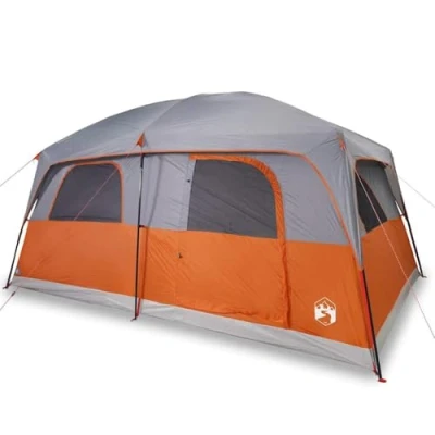 Abbildung von vidaXL Familienzelt für 10 Personen, Campingzelt mit Netzwände, Wasserdicht Gartenzelt 2 E Anschlüssen, Wanderzelt, Grau Orange 185T Polyester