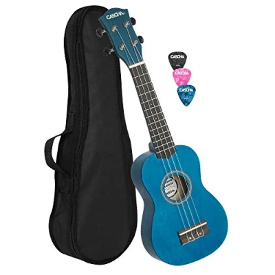 Abbildung von CASCHA Sopran Ukulele Set für Kinder und Erwachsene I Starter Kit mit 3 Plektren Tasche Aquila Saiten Nylon Kleine Hawaii Gitarre Anfänger Fortgeschrittene Blau