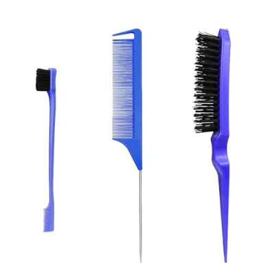 Abbildung von 3 Teiliges Haarkamm, Doppelkantenkamm, Rattenschwanz Kamm, Borsten Haarschnitt Friseur Kamm Haarbürste, für Friseurin, Home(Blau)