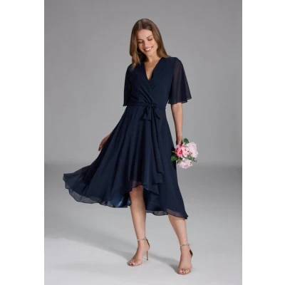 Abbildung von Swing IN Wickel Optik MIT Vokuhila SAUM Freizeitkleid, Damen, Größe: 34, Navy