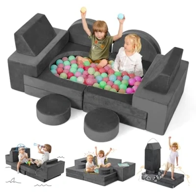 Abbildung von Kidirect Spielsofa, Kindersofa aus Schaumstoff Bausteine Spielsofa für Kinder &amp; Kuschelecke im Kinderzimmer [OHNE Harte Teile], Grau