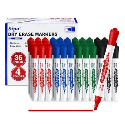 Abbildung von Sipa Whiteboard Marker, 36 Stifte abwischbar, Set mit 4 Farben Flipchart Keilspitze 4mm Linienbreite, ideal für Klassenzimmer, Büro und Kinder, unverzichtbarer Schulbedarf