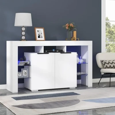 Abbildung von Merax Sideboard Beistellschrank mit LED Leuchten, Hochglanz weiße Küchenschrank 4 Glasböden &amp; 2 Tür, modern Buffetschrank viel Stauraum, für Wohnzimmer, Esszimmer, Eingangsbereich, 140x40x80cm