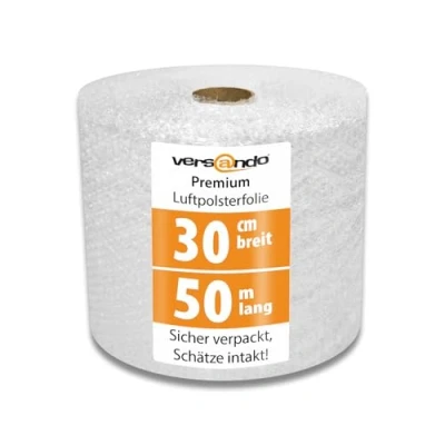 Abbildung von versando Premium Luftpolsterfolie 50m x 0,3m Versand, Verpackung, Umzug Noppenfolie Bubble Wrap LPF Rolle
