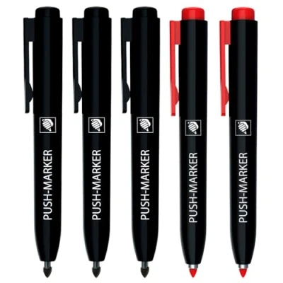 Abbildung von EXPERT Push Marker 5er Set Wasserfeste Markierer mit Klick Technologie Schnelltrocknend &amp; nachfüllbar Druckknopf für Einhandbedienung Permanent Stift glatte raue Oberflächen