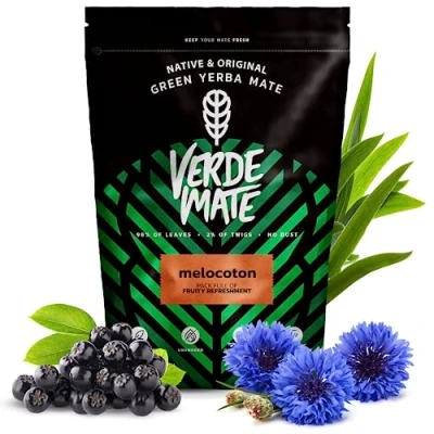 Abbildung von Verde Mate Green Melocoton 0,5kg Kräuter Früchte Tee mit Pfirsich Apfelbeere, Brombeere,Pfirsich Zitronengras, Kornblumenblütenblätter Natürliche Zusätze Brasilianischer 500 g