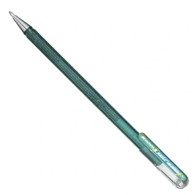 Abbildung von Pentel K110 DDX Dual Metallic Hybrid Gelroller, Glitzer Gel, 1 Stück, grün/blau 2 verschiedene Farb Effekte auf hellem/dunklem Papier grün+metallic blau
