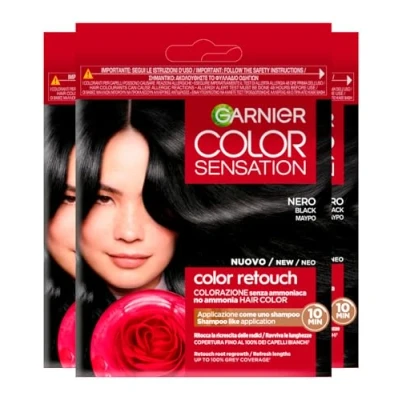 Abbildung von Garnier Color Sensation Retouch Permanente Haarfärbung, deckt 100 % weißes Haar ab, einfache Anwendung, Farbe Schwarz 3 Farben