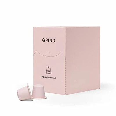 Abbildung von Grind Dark Blend Packung Kompostierbare Kaffeekapseln für Zuhause aus London Nespresso® Original maschinenkompatible Kapseln 100 Stück (1 Schachtel mit Kaffeekapseln)