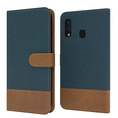 Abbildung von EAZY CASE Tasche kompatibel mit Samsung Galaxy A20e Stoff Schutzhülle Standfunktion Klapphülle im Bookstyle, Handytasche Handyhülle Magnetverschluss und Kartenfach, Kunstleder, Dunkelblau