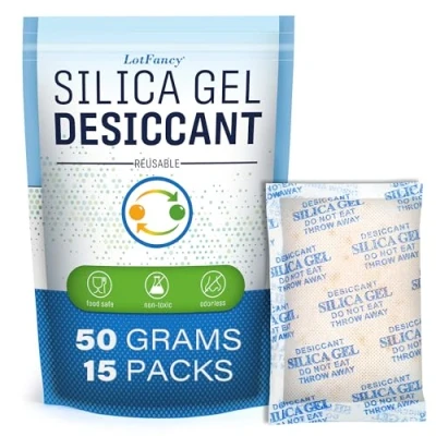 Abbildung von LotFancy Silica Gel Beutel 50 g, 15 Stück Silicagel Trockenmittel Regenerierbar mit Indikator zur Aufbewahrung von Elektronik, Lebensmittel, Filament
