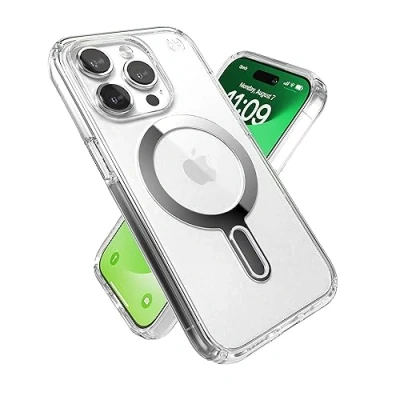 Abbildung von Speck Transparente Schutzhülle für iPhone 15 Pro, ClickLock, rutschfeste Verriegelung, gebaut MagSafe, Fallschutz, Kratzfest, vergilbungsfrei, 15,5 cm (6,1 Zoll), Presidio Clear/Chrom
