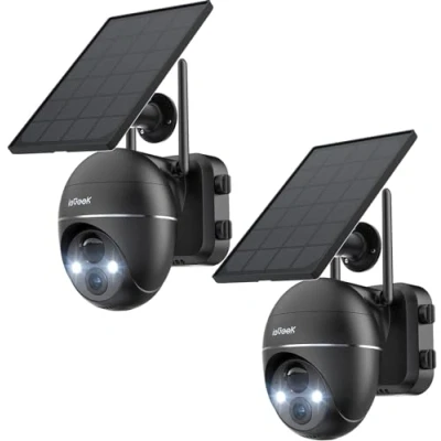 Abbildung von ieGeek 2K Solar Überwachungskamera Aussen Akku, 355/140 Pan Tilt Kabellose mit Farbnachtsicht, PIR Bewegungsmelder, Sirene/Weißlichtalarm, 2 Wege Audio, IP65