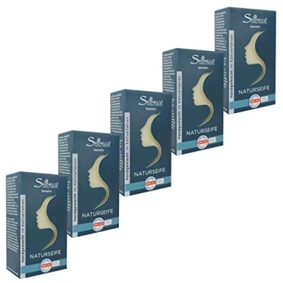Abbildung von Skineco Naturseife sensitiv 5x nachhaltige Ziegenmilchseife festes Duschgel Stück Seife gegen trockene empfindliche Haut Körperseife hand soap handgemachte Naturkosmetik mild