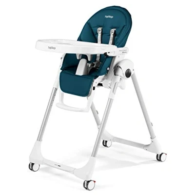 Abbildung von Peg Perego Prima Pappa Follow Me Petrolio Hochstuhl mit Baby Liegefunktion und 4 Doppelrollem Bremsen, Lederimitat Bezug, petrol