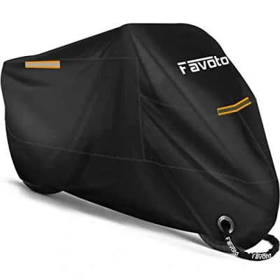 Abbildung von Favoto Motorrad Abdeckplane Outdoor Motorradabdeckung 210T Oxford Stoff Abdeckhaube Indoor Motorradplane Doppelt genähter mit Wasserdichten Streifen verbessertes Schlossloch 220cmx105cmx125cm
