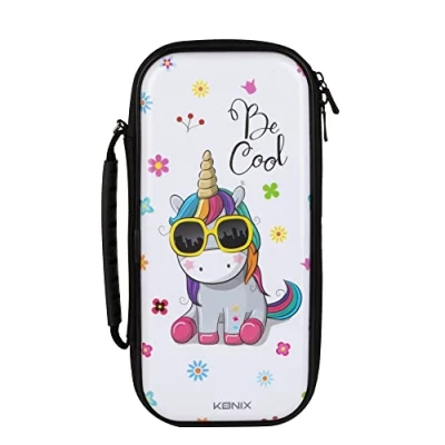 Abbildung von Konix Unik Schutzhülle und Transporttasche für Nintendo Switch, Switch Lite OLED 8 Spiel Aufbewahrung Motiv &#039;Be Cool&#039;, Einhorn.