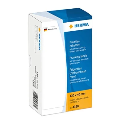 Abbildung von HERMA 4328 Frankieretiketten für Frankiermaschinen, doppelt, 130 x 40 mm, 500 Stück, selbstklebend, matt, 2fach Papier Frankier Etiketten Klebeetiketten Aufkleber, weiß