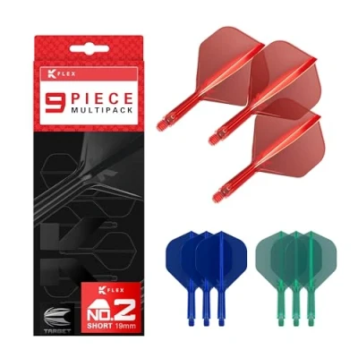 Abbildung von Target Darts K Flex Integrated Dart Flights and Shafts, Kurzer Stiel (19 mm), Nr. 2 Flug, 9er Pack, Rot, Blau &amp; Grün
